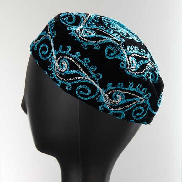 handmade Accessories - Embroidered Hat Teal White Black Tajikistan